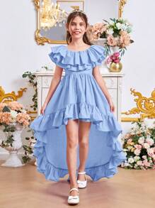 SHEIN Chicas Vestido ribete con fruncido bajo irregular - Celeste - Ver 3