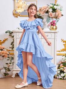 SHEIN Chicas Vestido ribete con fruncido bajo irregular - Celeste - Ver 4