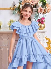 SHEIN Chicas Vestido ribete con fruncido bajo irregular - Celeste - Ver 6