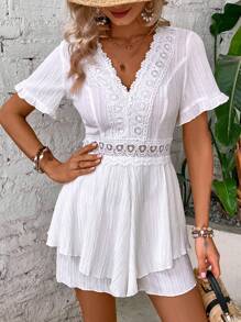 Breezaya 拼接水溶蕾絲荷葉袖雙層下擺連身短褲 - 白色 - 查看 4