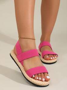 女士弹性双带凉鞋，时尚绑带仿绳鞋底拖鞋，夏季穿着 - 玫紅色 - 查看 2