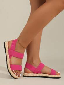 女士弹性双带凉鞋，时尚绑带仿绳鞋底拖鞋，夏季穿着 - 玫紅色 - 查看 4