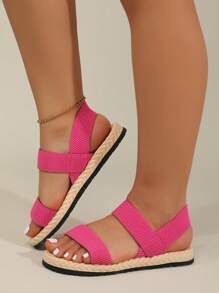 女士弹性双带凉鞋，时尚绑带仿绳鞋底拖鞋，夏季穿着 - 玫紅色 - 查看 5