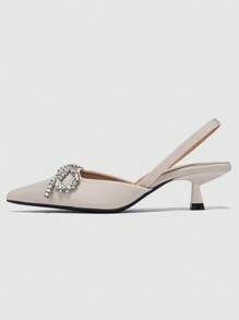 Zapatos de tacón bajo con punta puntiaguda y decoración de lazo de strass para mujer, elegantes y cómodos tacones de gatito, adecuados para fiestas formales, bodas y galas en otoño/invierno, beige, elegantes, bombas de mujer, elegantes, atuendos de fiesta - Beis - Ver 5