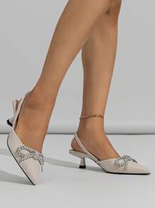 Zapatos de tacón bajo con punta puntiaguda y decoración de lazo de strass para mujer, elegantes y cómodos tacones de gatito, adecuados para fiestas formales, bodas y galas en otoño/invierno, beige, elegantes, bombas de mujer, elegantes, atuendos de fiesta - Beis - Ver 7