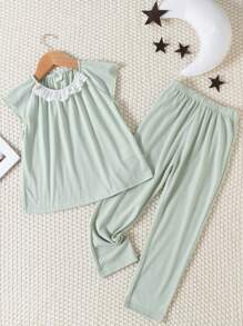 小女童網眼刺繡插肩袖T恤和褲子睡衣套裝 - 薄荷綠 - 查看 1