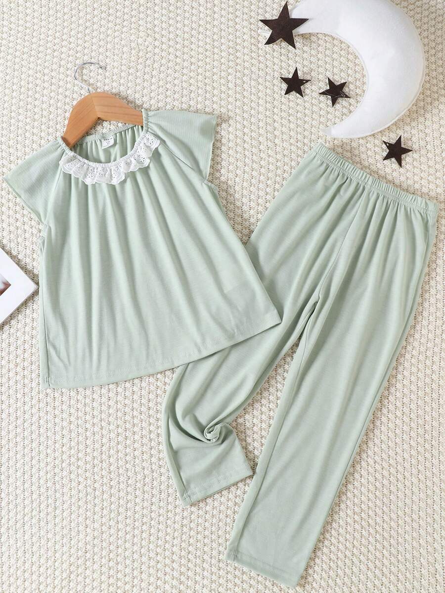小女童網眼刺繡插肩袖T恤和褲子睡衣套裝 - 薄荷綠 - 查看 1