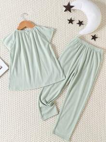 小女童網眼刺繡插肩袖T恤和褲子睡衣套裝 - 薄荷綠 - 查看 2