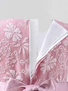 Girls' Embroidered Tulle Patchwork Sleeveless Cake Dress - Dusty Pink - View 5