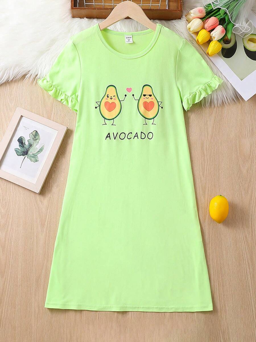 Đồ ngủ bé gái viền lá sen Hoạt hình Lá thư Dễ thương - màu xanh lá - Xem 1