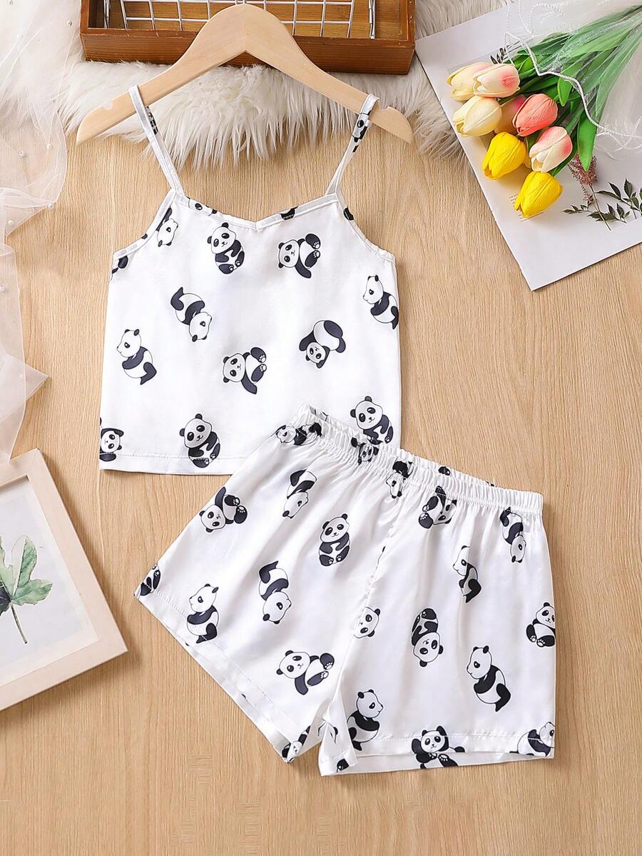 Girls Panda Print Cami Top & Shorts PJ Set - White - View 1