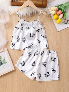 Girls Panda Print Cami Top & Shorts PJ Set - White - View 2