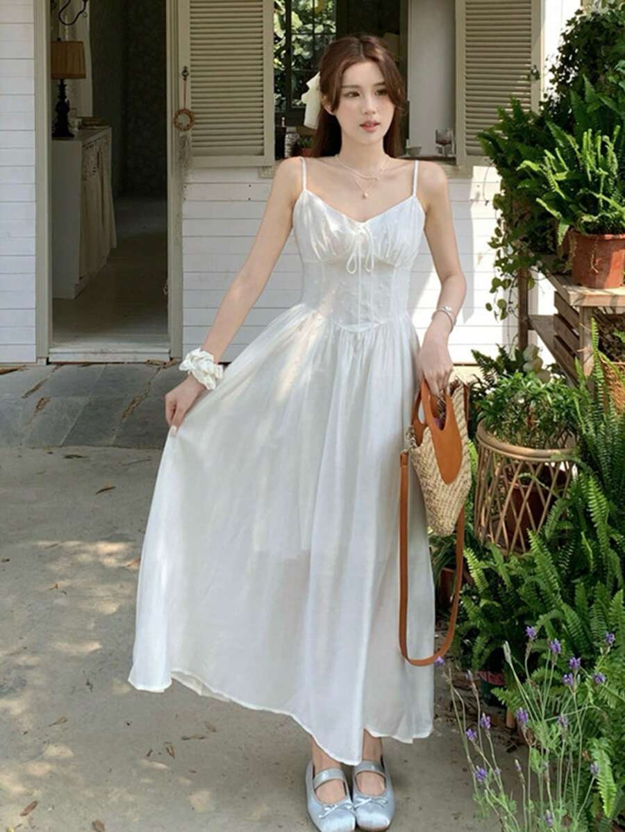 Vestido de tirantes unicolor pecho con fruncido - Blanco - Ver 1