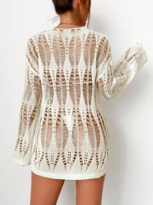 Hollow Out Drop Shoulder Cover Up Without Bikini Set - Apricot - View 2