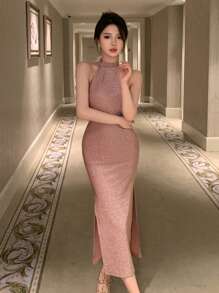 DAZY Solid Slit Thigh Halter Neck Dress - Apricot - View 6