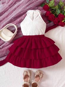 SHEIN Young Girl Eyelet Embroidery Halter Top & Bow Front Two Layer Hem Skirt Summer Holiday