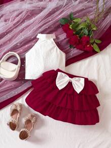 SHEIN Young Girl Eyelet Embroidery Halter Top & Bow Front Two Layer Hem Skirt Summer Holiday