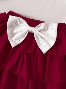 SHEIN Young Girl Eyelet Embroidery Halter Top & Bow Front Two Layer Hem Skirt Summer Holiday