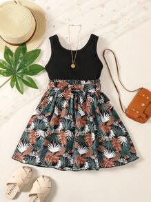 SHEIN Young Girl Tank Top & Tropical Print Belted Skirt Set - Multicolor - View 1