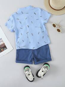 SHEIN 少年男童鉛筆印花襯衫和補丁細節短褲 - 藍色 - 查看 2