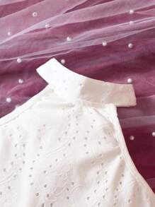 SHEIN Young Girl Eyelet Embroidery Halter Top & Bow Front Two Layer Hem Skirt Summer Holiday