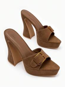 SheIn ICON 女士搭扣裝飾高跟優雅棕色穆勒涼鞋