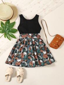SHEIN Young Girl Tank Top & Tropical Print Belted Skirt Set - Multicolor - View 2