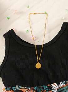 SHEIN Young Girl Tank Top & Tropical Print Belted Skirt Set - Multicolor - View 3