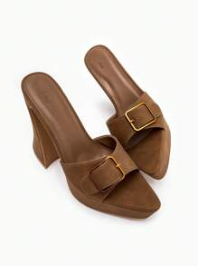 SheIn ICON 女士搭扣裝飾高跟優雅棕色穆勒涼鞋