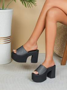 Women Glitter Wedge Slide Sandals, Platform Glamorous Sandals - Black - View 1
