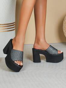 Women Glitter Wedge Slide Sandals, Platform Glamorous Sandals - Black - View 3