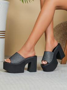 Women Glitter Wedge Slide Sandals, Platform Glamorous Sandals - Black - View 4