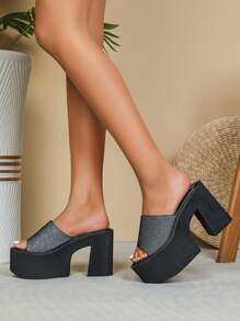 Women Glitter Wedge Slide Sandals, Platform Glamorous Sandals - Black - View 5