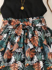 SHEIN Young Girl Tank Top & Tropical Print Belted Skirt Set - Multicolor - View 4
