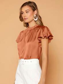 SHEIN Privé 小高領蝴蝶袖上衣 - 亮橙色 - 查看 4