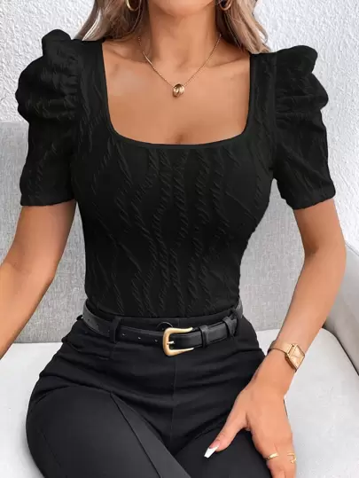 SHEIN Privé Square Neck Puff Sleeve Tee