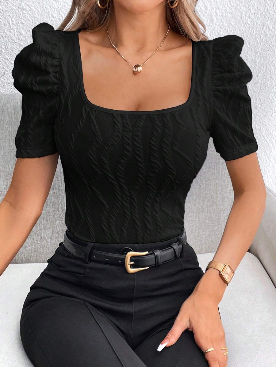SHEIN Privé Square Neck Puff Sleeve Tee - Black - View 1