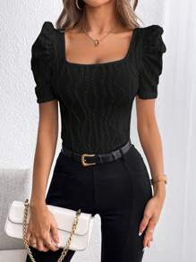 SHEIN Privé Square Neck Puff Sleeve Tee - Black - View 4