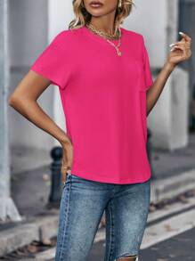 INAWLY Solid Pocket Patched Tee - Hot Pink - View 4