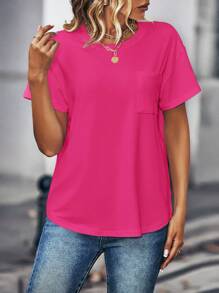 INAWLY Solid Pocket Patched Tee - Hot Pink - View 6