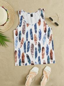 SHEIN LUNE 羽毛印花背心上衣 - 彩色 - 查看 5