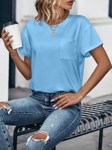 INAWLY Solid Pocket Patched Drop Shoulder Tee - Blue - View 6