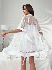 Bộ váy ngủ và áo choàng PJ ren tương phản Cami / Bộ đồ ngủ - trắng - Xem 2