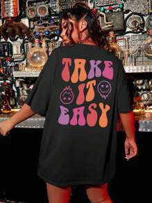 Flirla Plus Cartoon & Slogan Graphic Drop Shoulder Tee TAKE IT EASY For Summer