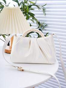 Small Ruched Bag Faux Pearl Decor Solid Color - Beige - View 4