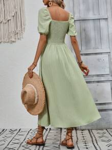 Breezaya 系带前泡泡袖开叉大腿连衣裙 超长度假海滩装 女式 - 薄荷綠 - 查看 2