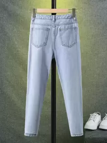 SHEIN 青少年男孩斜口袋牛仔褲 - 淺色水洗藍 - 查看 6