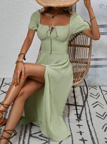 Breezaya 系带前泡泡袖开叉大腿连衣裙 超长度假海滩装 女式 - 薄荷綠 - 查看 5