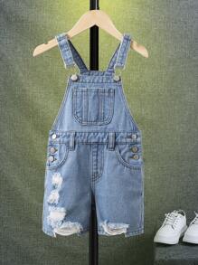 SHEIN 小男童破洞前口袋牛仔連體短褲 - 淺色水洗藍 - 查看 1