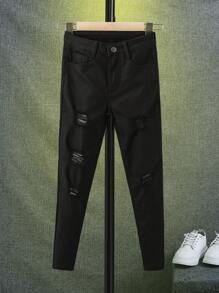 SHEIN Boys Ripped Frayed Jeans - Black - View 4